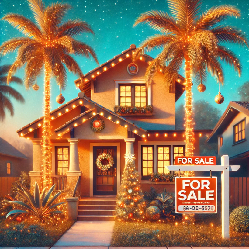A sunny Florida-style home with a festive holiday theme. Palm trees in the yard are wrapped with string lights, and the front door is decorated with a holiday wreath. The house is surrounded by vibrant greenery under a clear blue sky, creating a tropical, cheerful atmosphere. A subtle 'For Sale' sign is placed in the front yard, adding a professional real estate touch. The scene blends the holiday spirit with the warm, inviting feel of Florida living.